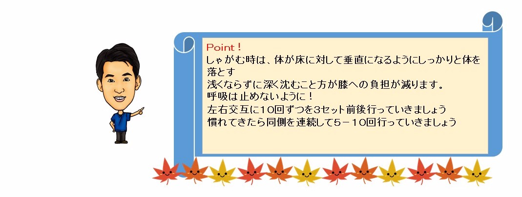 POINT!　しゃがむ時は、体が床に対して垂直になるようにしっかりと体を落とす。浅くならずに深く沈むこと方が膝への負担が減ります。呼吸は止めないように！左右交互に10回ずつ3セット前後行っていきましょう。慣れてきたら同側を連続して5-10回行っていきましょう。